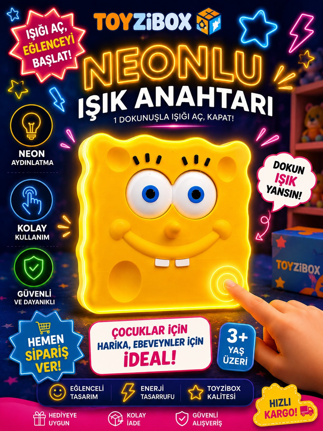 3D Sünger Bob Figürlü Işık Anahtarı