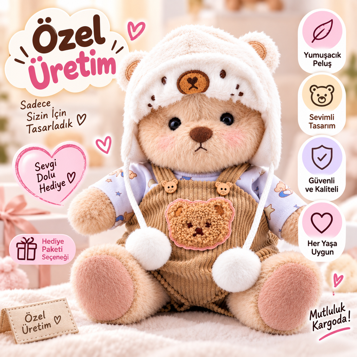 Kapüşonlu Özel Üretim Teddy Bear Peluş Ayıcık | Sevimli Hediye