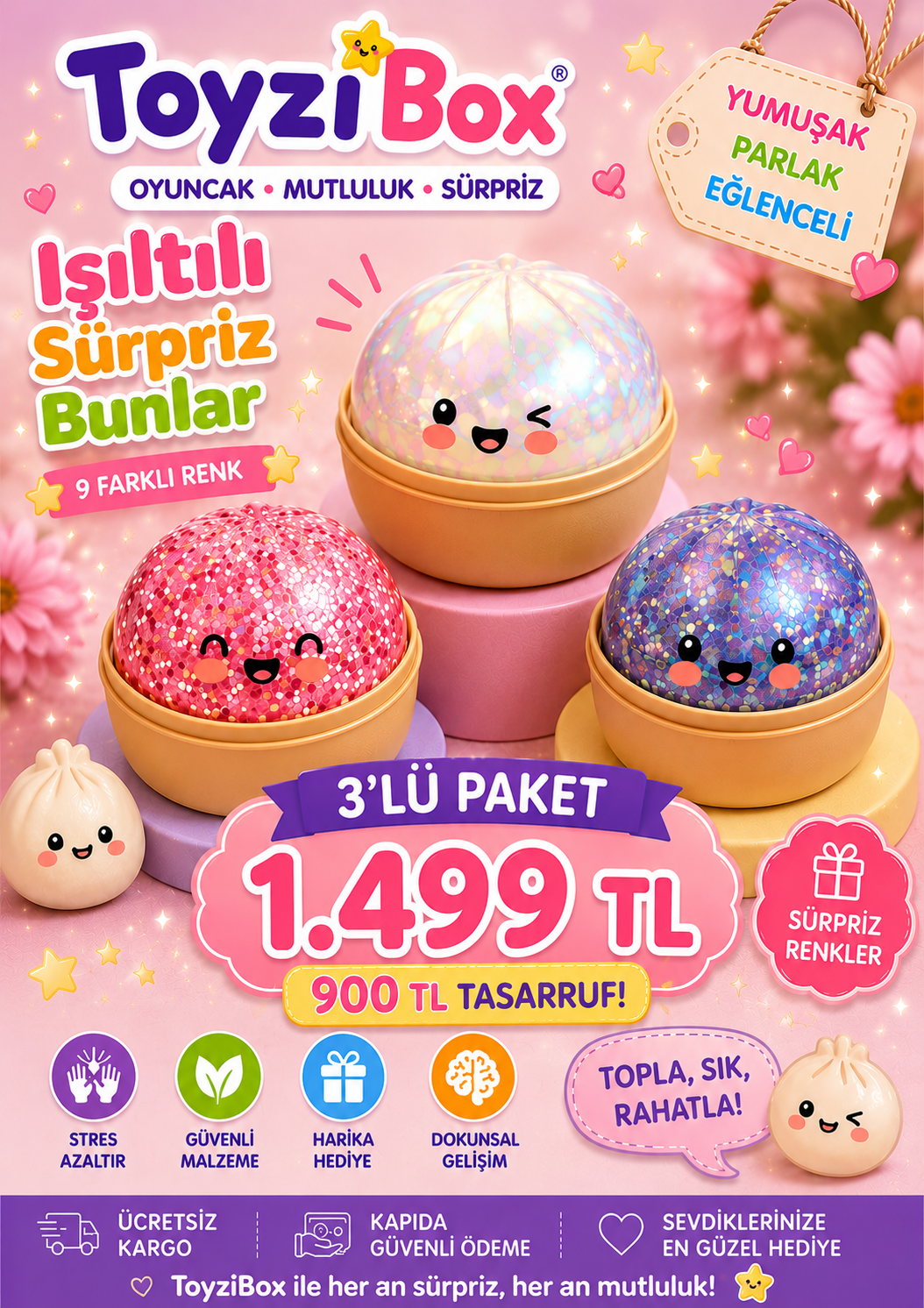 Çin Mantısı Sürpriz Dumpling Squishy 3'lü Koleksiyon Paketi