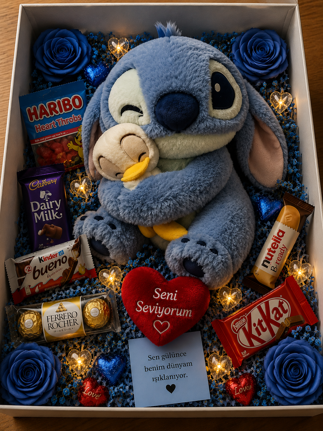 Ördekli Stitch Işıklı Hediye Kutusu | Romantik Çikolatalı ve Haribolu Özel Tasarım