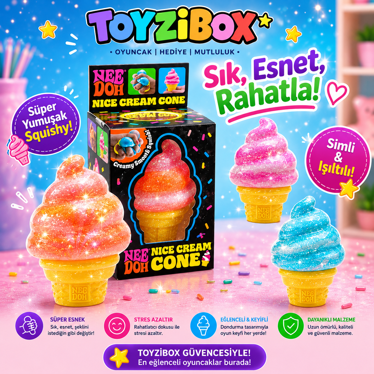 Simli Dondurma Squishy Oyuncak | Glitter Stres Giderici Sıkma Oyuncağı