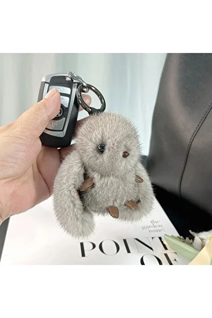 Gri Mini Pofuduk Tavşan Peluş Anahtarlık 10 cm Çanta Süsü Charm Peluş Oyuncak