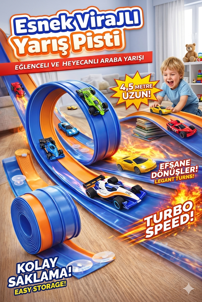 Esnek Araba Yarış Pisti – Kıvrılabilir E Racing Track Oyuncak Pist (Mavi Renk) Işıklı & Modüler Yarış Seti