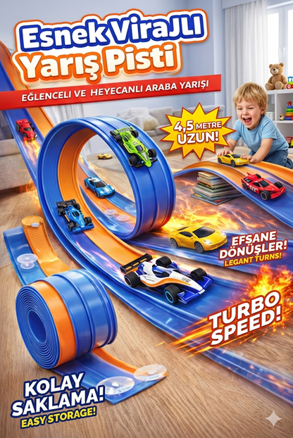 Esnek Araba Yarış Pisti – Kıvrılabilir E Racing Track Oyuncak Pist (Mavi Renk) Işıklı & Modüler Yarış Seti