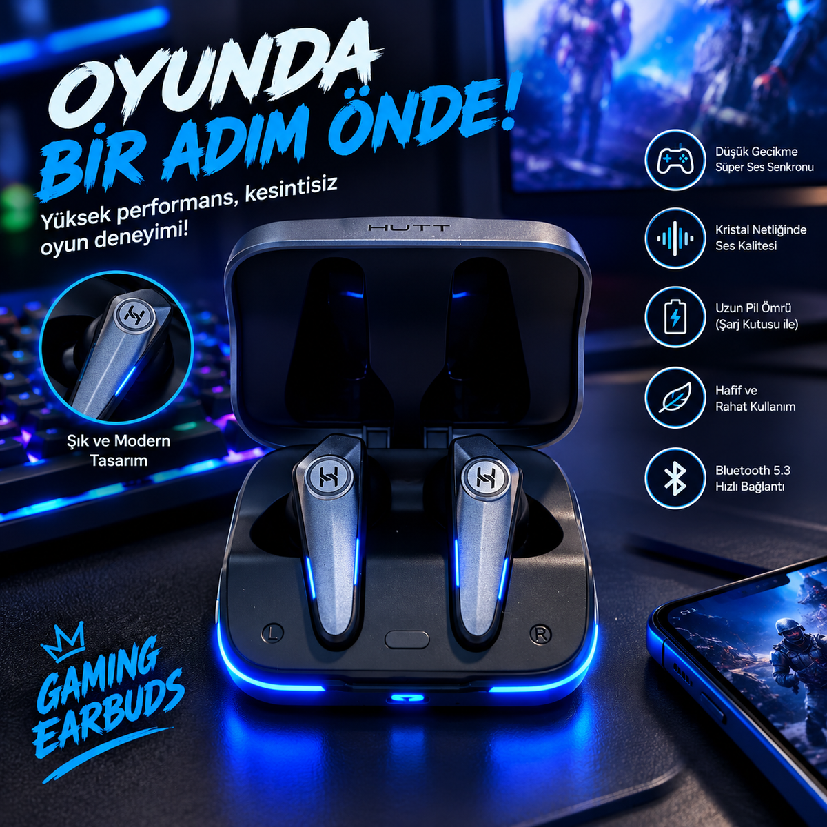 HUTT RGB Işıklı Kablosuz Oyuncu Kulaklığı – Bluetooth Gaming Earbuds
