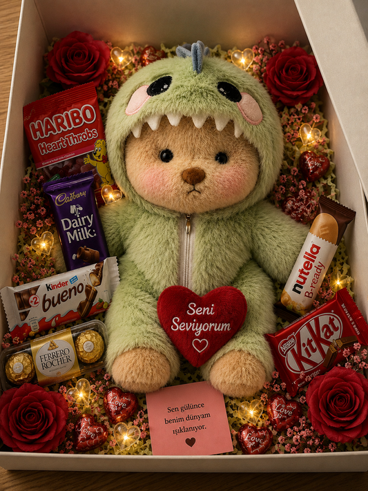 Dinozor Kostümlü Teddy Işıklı Hediye Kutusu | Çikolata, Haribo ve Romantik Sürpriz Hediye Paketi