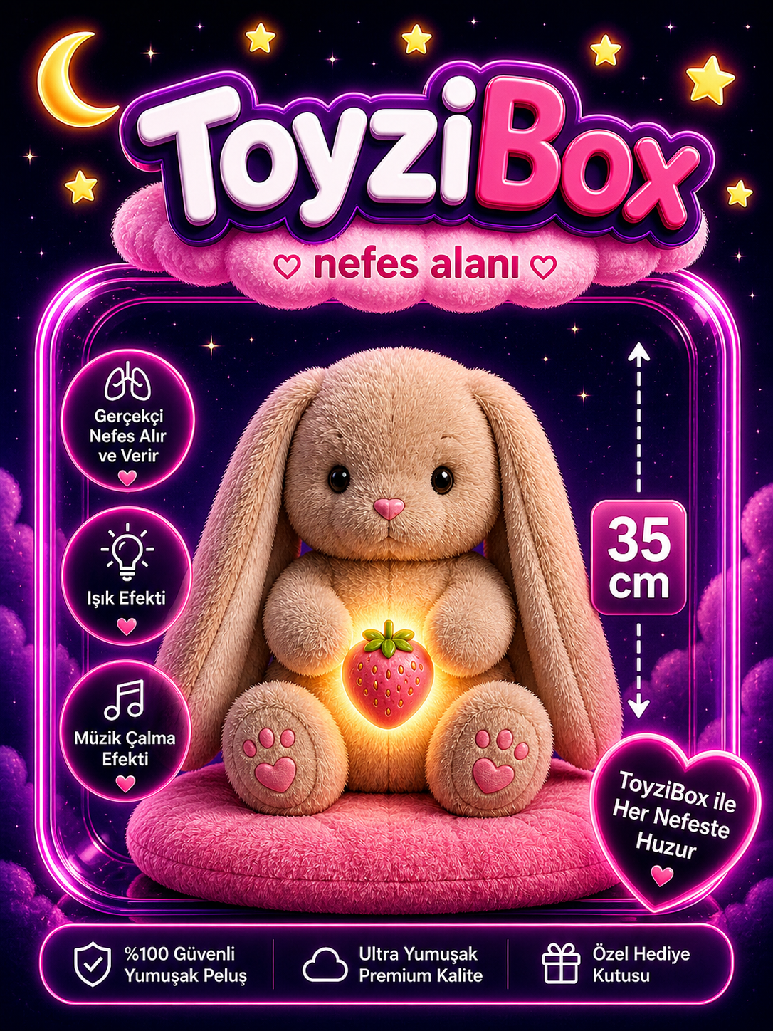 Nefes Alan Tavşan Peluş Oyuncak Işıklı Müzikli Uyku Arkadaşı Rahatlatıcı Peluş