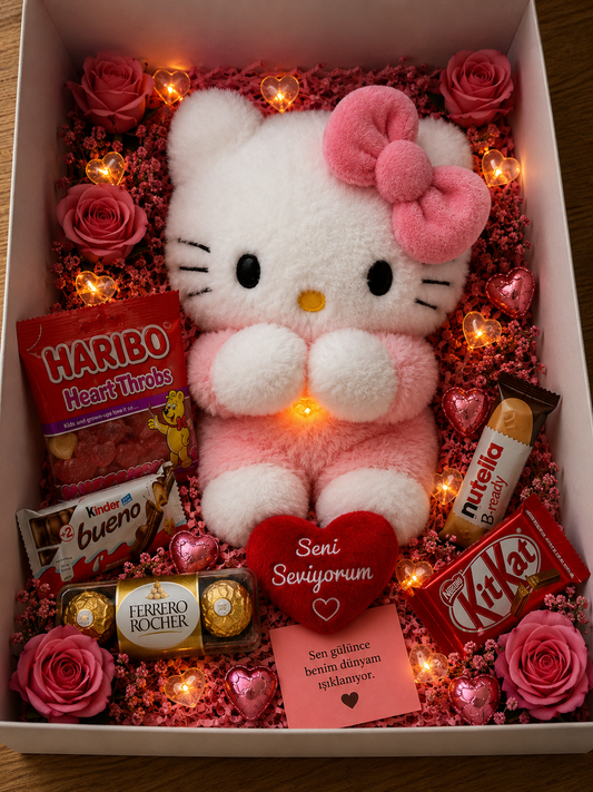 Nefes Alan Hello Kitty Işıklı Hediye Kutusu | Çikolata, Haribo ve Romantik Sürpriz Hediye Paketi