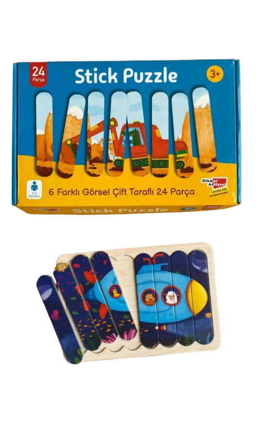 Stick Puzzle 24 Parça Ahşap Yapboz – Çocuklar İçin Eğitici Zeka Oyunu (6 Farklı Görsel)