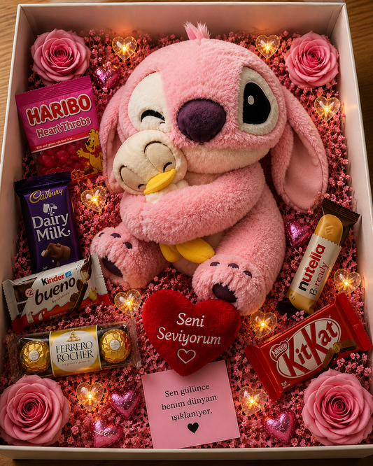 Ördekli Stitch Pembe Işıklı Hediye Kutusu | Romantik Çikolatalı ve Haribolu Özel Tasarım