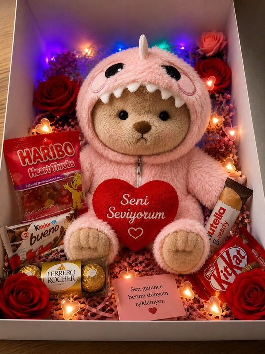 Pembe Dinozor Kostümlü  Teddy Işıklı Hediye Kutusu | Çikolata, Haribo ve Romantik Sürpriz Hediye Paketi