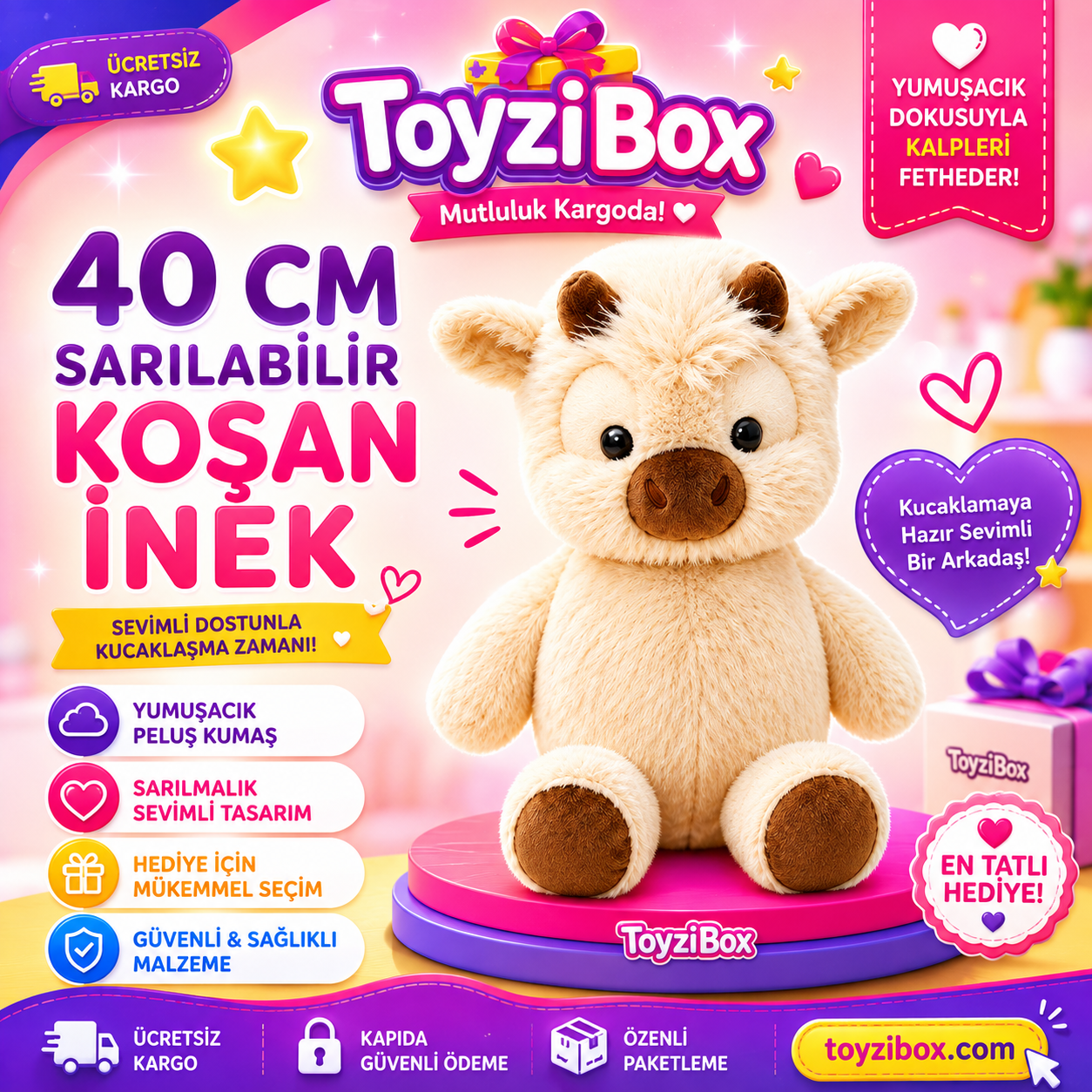 40 CM Sarılabilir Koşan İnek Peluş Oyuncak – Sevimli ve Yumuşacık İthal Ürün