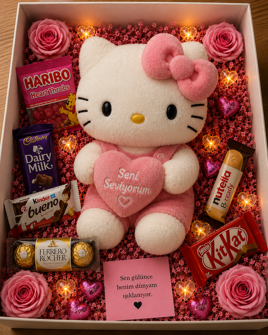 Hello Kitty Işıklı Hediye Kutusu | Çikolata, Haribo ve Romantik Sürpriz Hediye Paketi