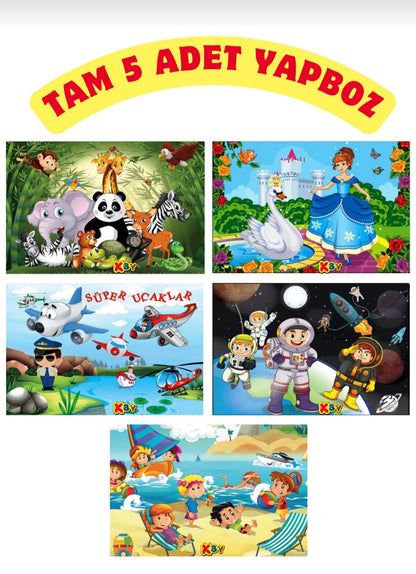 5 Adet Çocuk Yapboz Seti – Eğitici Puzzle Oyuncak (Hayvanlar, Uzay, Prenses, Uçak Temalı)