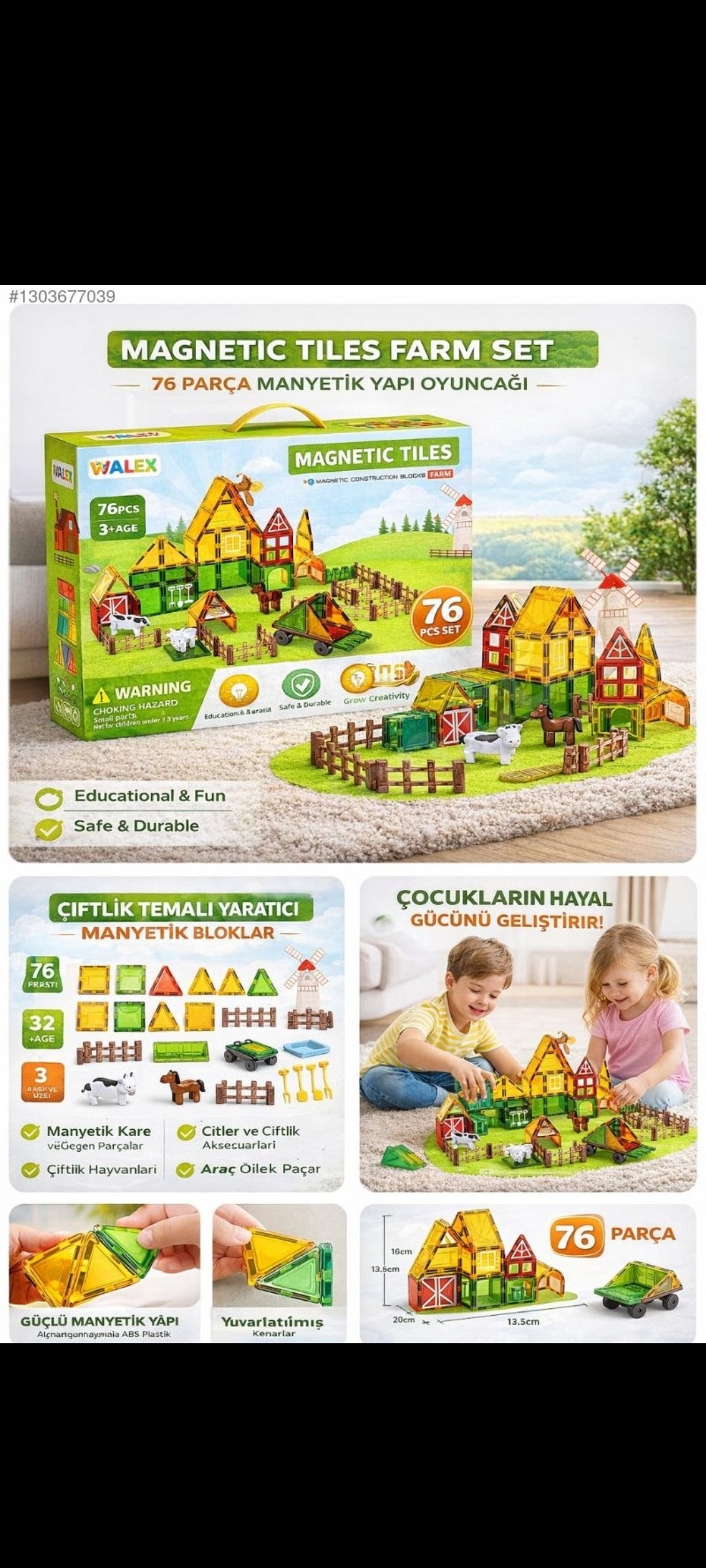 Magnetic Tiles Farm Set 76 Parça Manyetik Yapı Oyuncak Seti – Çiftlik Temalı Eğitici Manyetik Bloklar 3+ Yaş