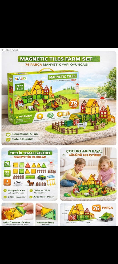 Magnetic Tiles Farm Set 76 Parça Manyetik Yapı Oyuncak Seti – Çiftlik Temalı Eğitici Manyetik Bloklar 3+ Yaş