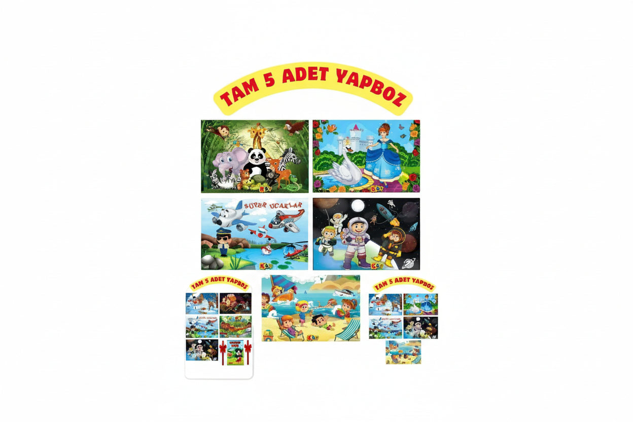 5 Adet Çocuk Yapboz Seti – Eğitici Puzzle Oyuncak (Hayvanlar, Uzay, Prenses, Uçak Temalı)
